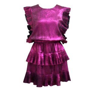 Pleated Metallic Sleeveless Ruffled Tiered Party Dress L